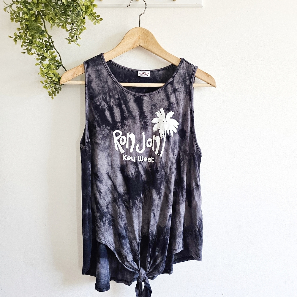 Ron Jon Surf Shop Tye Dye Front Gray Black, Knot Sleeveless Tank Women's Size XL